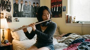 年輕女性在臥室床上吹奏長笛，房間有K-pop海報和檯燈。 — 青春養成記 壁紙