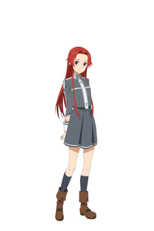紅髮灰校服和棕色靴子的動漫女孩。 — iPhone Duo 壁紙