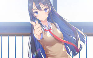 穿著校服的動漫女孩從陽台指向觀眾。 — 櫻島麻衣 壁紙