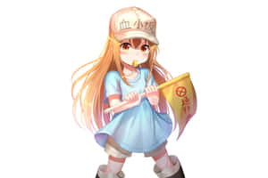 戴帽子和藍色連衣裙的動漫女孩手持帶有紅色符號的黃色旗幟。 — 細胞的工作 壁紙