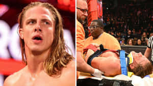 擂台上的摔角手看到隊友被擔架抬出時顯得震驚。 — WWE GIF 壁紙