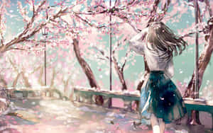 少女站在櫻花樹下，花瓣飄落，柔和粉彩色調。 — 櫻島麻衣 壁紙