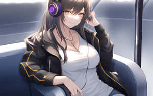 戴耳機的動漫女孩坐在未來車輛中微笑。 — 2880x1800 壁紙