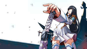 動漫戰士女孩以動態姿勢握著一把未來主義的劍。 — 動漫桌面 壁紙