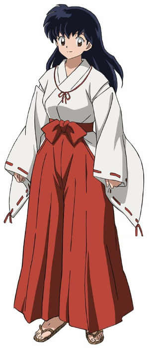 穿著傳統白紅和服的動漫女孩，長黑髮。 — POCO M7 壁紙