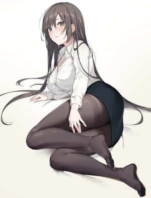 長黑髮的動漫女孩穿著白襯衫和黑裙子坐著。 — 動漫戰鬥 壁紙