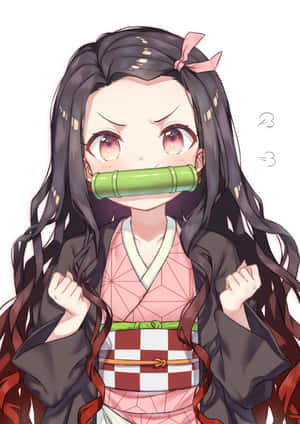 穿著和服的動漫女孩，戴著竹製口塞，握緊拳頭。 — 鬼滅之刃 壁紙