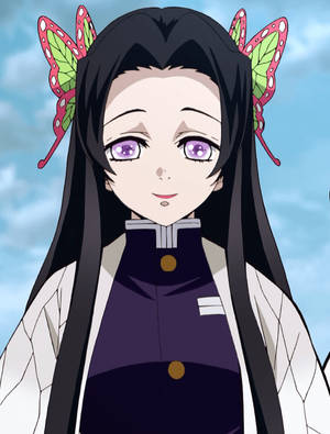 戴著蝴蝶髮夾、紫眼的動漫女孩，穿著深色制服。 — 紫色動漫美學 壁紙