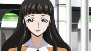 長黑髮紫眼動漫女孩在帶有綠色霓虹拱門的現代建築中微笑。 — 黛安娜王妃 壁紙