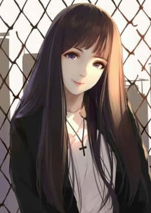 長黑髮戴十字架項鍊的動漫女孩在溫暖光線中的鐵絲網圍欄後面。 — 動漫風格 壁紙