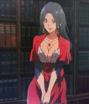 穿著紅色西裝外套和束腰的動漫女性站在有書架的圖書館中。 — 小米 Mix Flip 2 壁紙