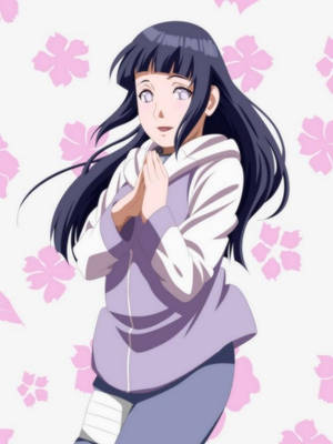 紫衣動漫少女在櫻花背景下祈禱。