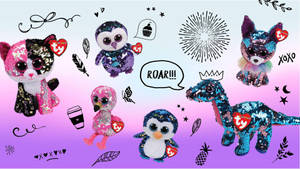 色彩繽紛的亮片毛絨玩具，帶有塗鴉裝飾，背景為漸變色。 — Beanie Boos 壁紙