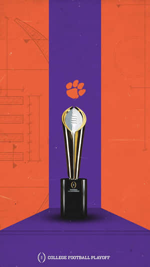 紫色平台上的College Football Playoff獎盃，背景為橙色和紫色，帶有藍圖線條。 — 頂級 iPhone 壁紙