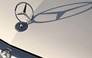 白色引擎蓋上帶有銳利陰影的鍍鉻賓士標誌。 — Mercedes-Benz 壁紙