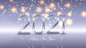 反光表面上閃亮的銀色2021，帶有發光的燈光和飄落的五彩紙屑。 — 新年快樂 2020 壁紙