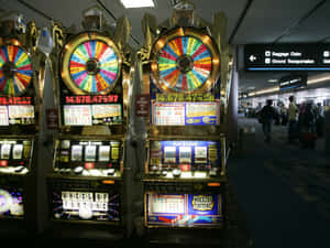 在繁忙的機場中發光的 Wheel of Fortune 老虎機，旅客們走過。 — 賓果 壁紙