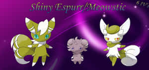 閃光的Espurr和Meowstic在紫色宇宙背景上與一隻小Pokémon一起。 — 寶可夢 剑 盾 壁紙