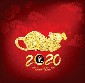 金色老鼠在紅色背景上慶祝2020年農曆新年，帶有雲朵。 — 新年快樂 2020 壁紙