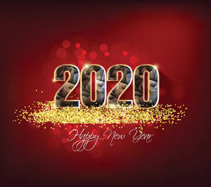 金色閃粉圍繞3D 2020數字，紅色散景背景，附有Happy New Year文字。 — 新年快樂 2020 壁紙