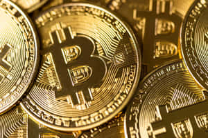 一堆帶有電路圖案的光澤金色比特幣加密貨幣硬幣。 — 比特幣 GIF 壁紙
