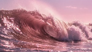 在粉紅色日落天空下破碎的強大海浪。 — 粉紅閃光 壁紙