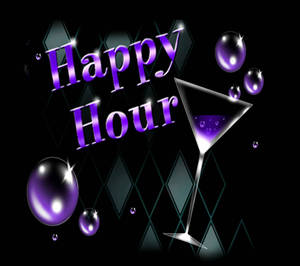 紫色馬丁尼酒杯和氣泡，深色背景上有「Happy Hour」文字
