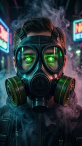 在煙霧瀰漫的霓虹城市夜晚，戴著防毒面具、眼睛發出綠色光芒的人。 — 瘋狂 壁紙