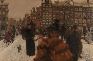 喬治·亨德里克·布賴特納於1896年創作的《阿姆斯特丹皇宮街旁的辛格爾橋》，媒材為畫布油畫。下載此藝術作品作為高解析度桌布。