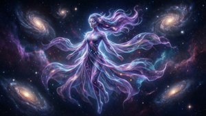 阿斯特拉漂浮在太空中，周圍是繁星與星系