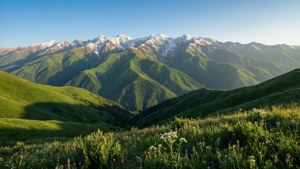 藍天下，野花和雪山點綴的連綿綠色山丘。 — 伊朗 壁紙
