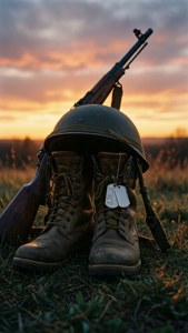 軍用裝備包括頭盔、靴子和步槍在日落時的草地上。