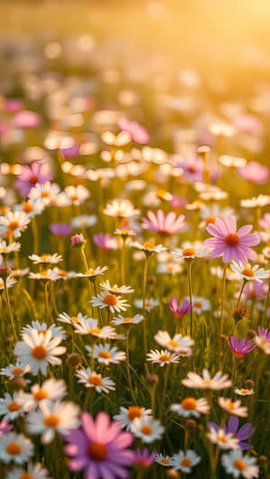 在金色陽光中閃耀的粉白色雛菊花田。 — 1440x2560 壁紙