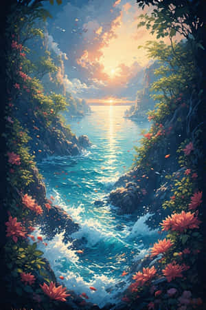 日落時分，碧綠的海洋在點綴著粉紅色花朵和綠植的懸崖之間流淌。 — 海洋 壁紙