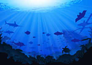 水下場景，鯊魚、魚類和沉船在藍色水光中形成剪影。 — 海洋 壁紙