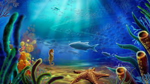 色彩繽紛的水下場景，珊瑚、海馬、魚類和海星沐浴在陽光中。 — 海洋 壁紙