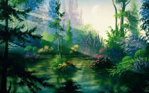 神秘的森林，閃爍的陽光和寧靜池塘旁色彩繽紛的花朵。 — 魔法森林 壁紙