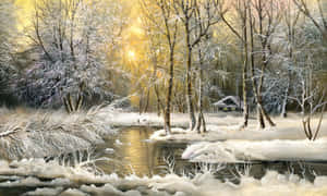 白雪覆蓋的森林，冰封的河流反射著金色的陽光。 — 冬季美學 壁紙