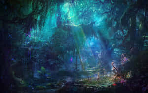 神秘叢林，藍光穿過古樹和恐龍。 — 魔法森林 壁紙