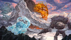 奇幻的山景，火、水、土元素在色彩繽紛的天空中旋轉。 — 神 壁紙