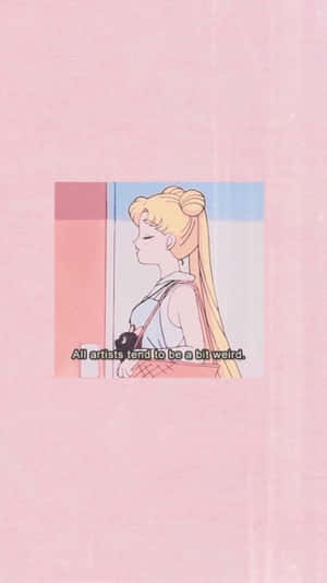 金髮動漫女孩在粉紅色房間裡抱著一隻黑色貓咪玩偶。 — 低對比 壁紙