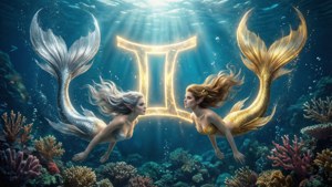 兩位美人魚雙胞胎，分別擁有銀色與金色魚尾，圍繞著水下发光的雙子座符號。 — 雙子座 壁紙