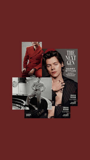 Harry Styles 和 Troye Sivan 穿著時尚西裝的雜誌封面，背景為紅色。 — 哈利波特 美學 壁紙
