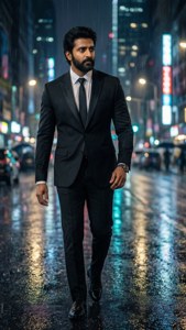 穿西裝的男人在雨中走在夜晚濕漉漉的城市街道上，伴隨著霓虹燈光。 — 普拉巴斯 壁紙