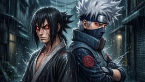 兩個擁有紅眼的動漫忍者戰士在雨中小巷背靠背站立。 — 帶土 壁紙