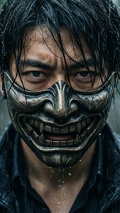 男人在暴雨中戴著金屬面具，水從面具滴落。 — 對馬戰鬼 壁紙