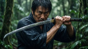 武士戰士在雨中森林持刀 — 對馬戰鬼 壁紙
