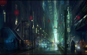 雨夜中一條未來風格的街道，紅色燈籠和霓虹燈閃爍。 — 科幻 壁紙