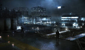 剪影人物在夜間城市屋頂上冒雨行走，背景是發光的建築物。 — 戴爾 4K 壁紙