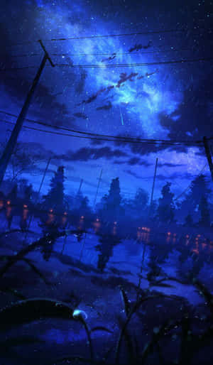 雨夜，電線和樹木在星空藍天下倒映在水坑中。 — 動漫 iPhone 壁紙